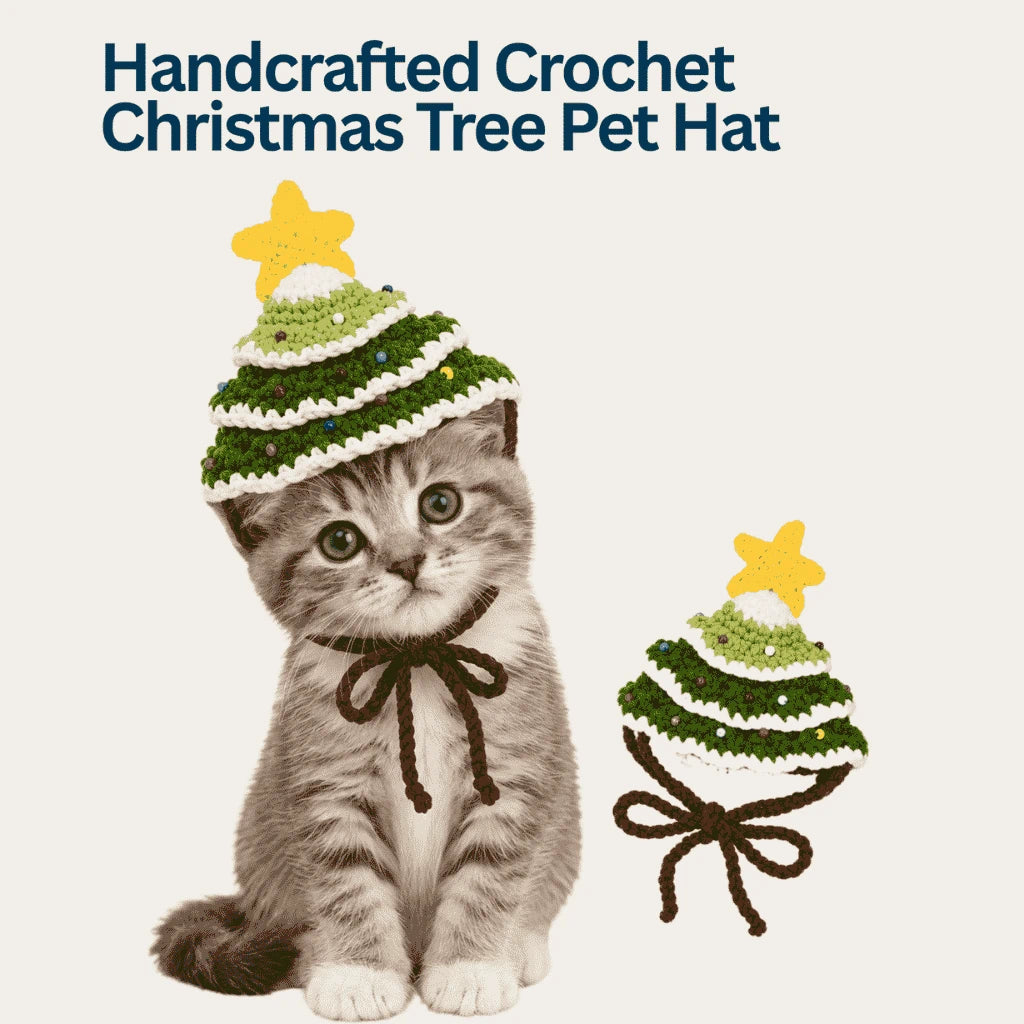 Handcrafted Crochet Christmas Tree Pet Hat for Cats & Small Dogs