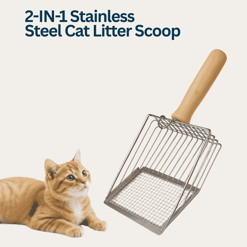 2-in-1 Stainless Steel Cat Litter Scoop - Wooden/Metal Handle, Efficient Cleaning