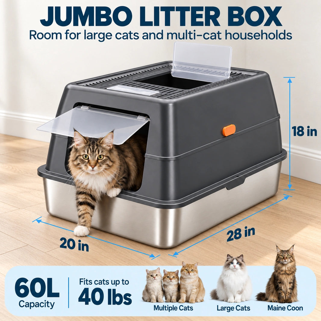 XXXL Stainless Steel Cat Litter Box with Lid – Dual Entry, 28" L × 20" W × 18" H