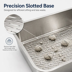 XXL Stainless Steel Sifting Litter Box – 2-Pan System (1 Base + 1 Sifter), High Sides, Scoop & Mat – 23.6" L × 15.7" W