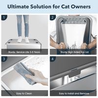 Product features for cat owners with images of a stable platform, high-sided top lid, cleaning cloth, and easy installation.