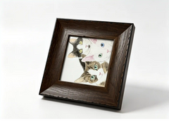 Dark wood tabletop memorial picture frame displaying a portrait of four cats against a white background