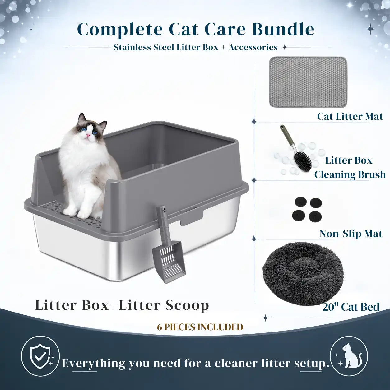 6-Piece XXL Stainless Steel Cat Litter Box & Comfort Bundle with 20" Plush Bed, Litter Mat, Scoop & Cleaning Brush