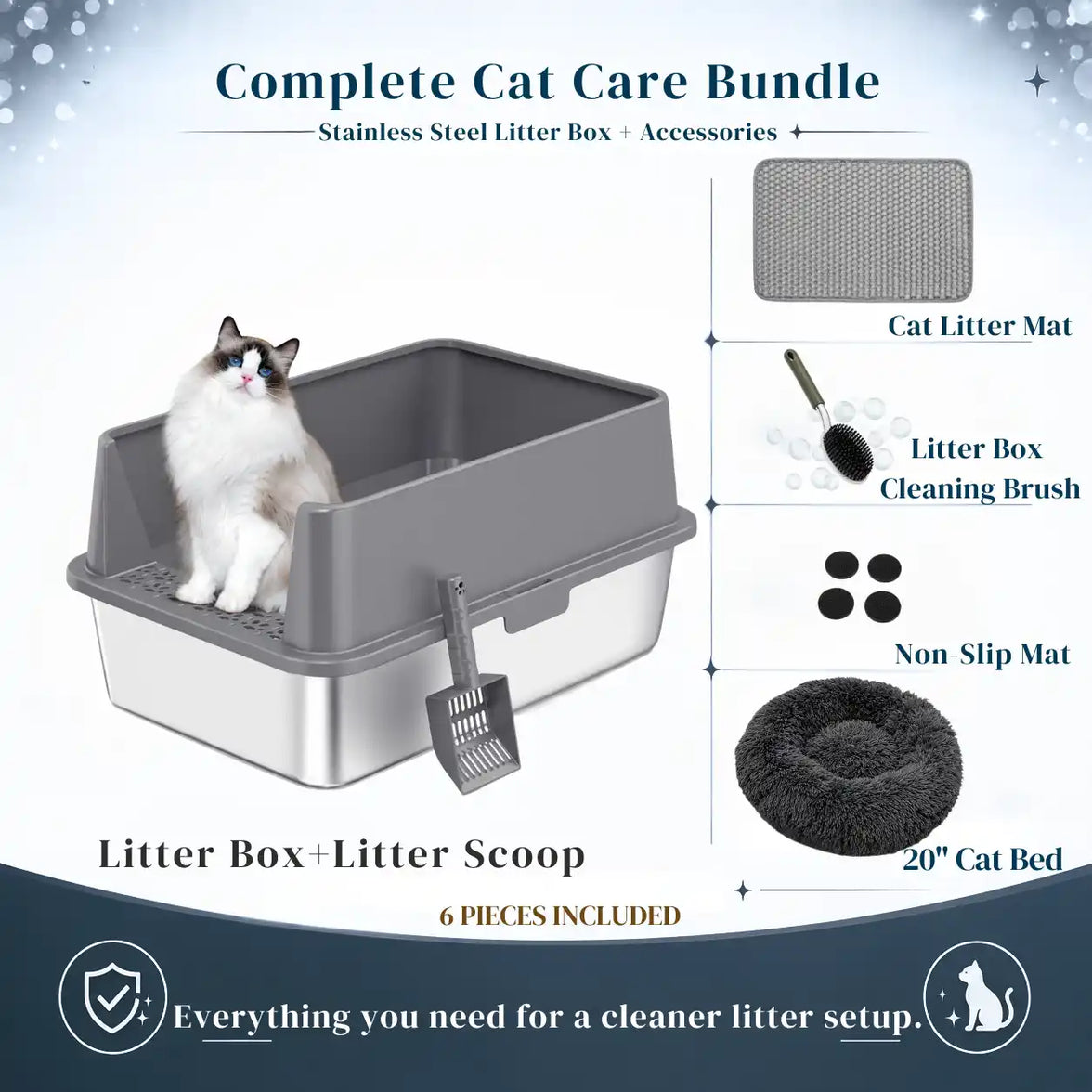 6-Piece XXL Stainless Steel Cat Litter Box & Comfort Bundle with 20" Plush Bed, Litter Mat, Scoop & Cleaning Brush
