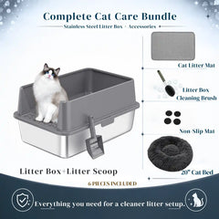 6-Piece XXL Stainless Steel Cat Litter Box & Comfort Bundle with 20" Plush Bed, Litter Mat, Scoop & Cleaning Brush