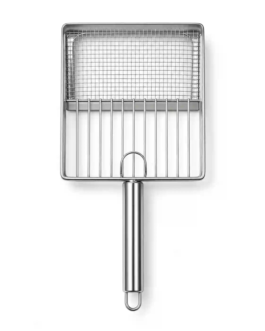 Front view of a stainless steel mesh cat litter scoop with a wide rectangular sifting basket and metal hanging handle