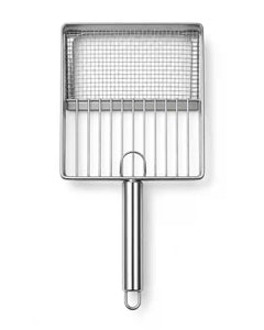 Front view of a stainless steel mesh cat litter scoop with a wide rectangular sifting basket and metal hanging handle