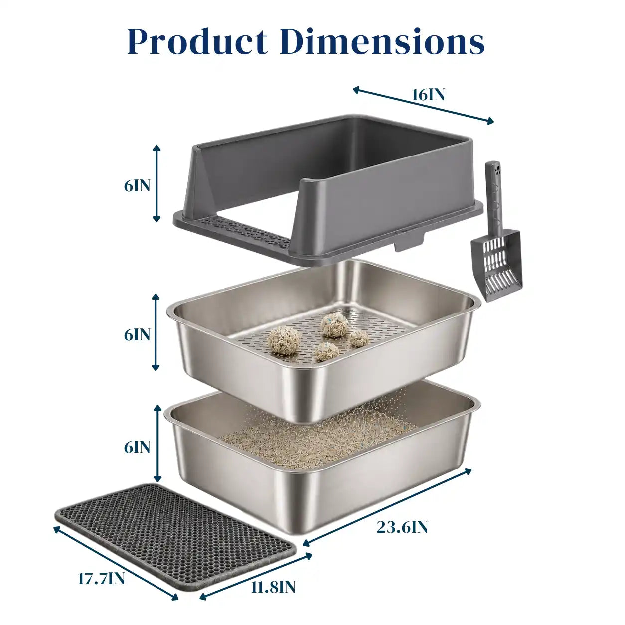 XXL Stainless Steel Sifting Litter Box with 2-Pan System, High Sides, Scoop & Mat – 23.6" L × 15.7" W