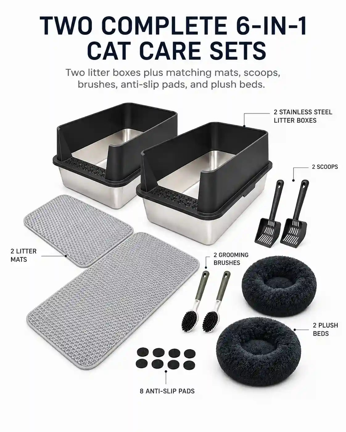 6 in 1 STAINLESS STEEL BUNDLE XXL Stainless Steel Cat Litter Box with High Sides and Low Entry