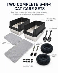 6 in 1 STAINLESS STEEL BUNDLE XXL Stainless Steel Cat Litter Box with High Sides and Low Entry