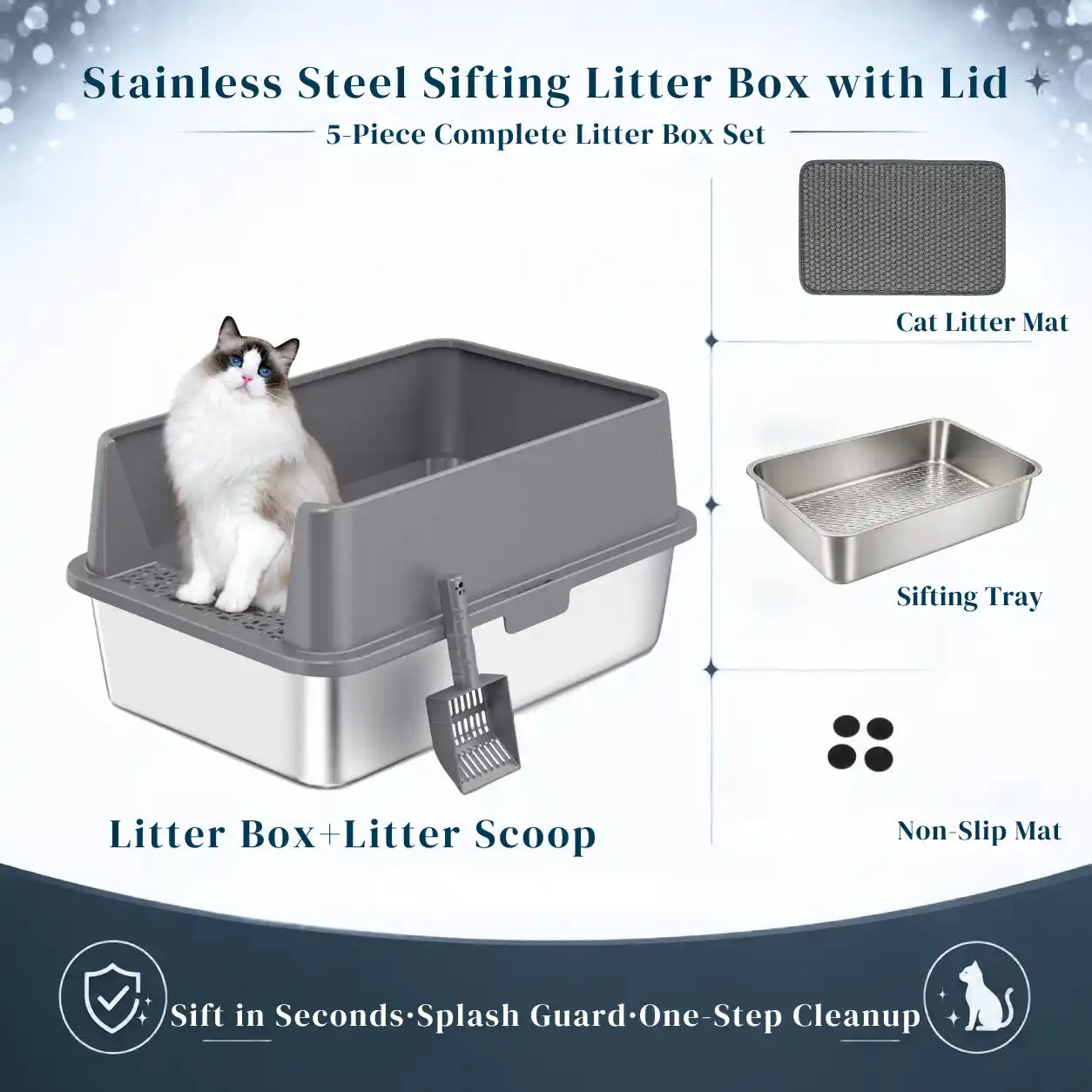 XXL Stainless Steel Sifting Litter Box with 2-Pan System, High Sides, Scoop & Mat – 23.6" L × 15.7" W