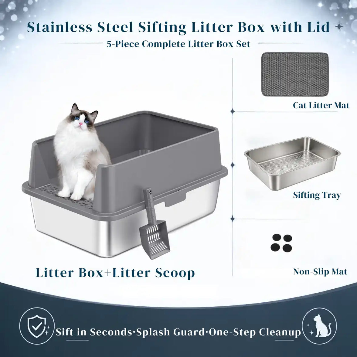XXL Stainless Steel Sifting Litter Box with 2-Pan System, High Sides, Scoop & Mat – 23.6" L × 15.7" W