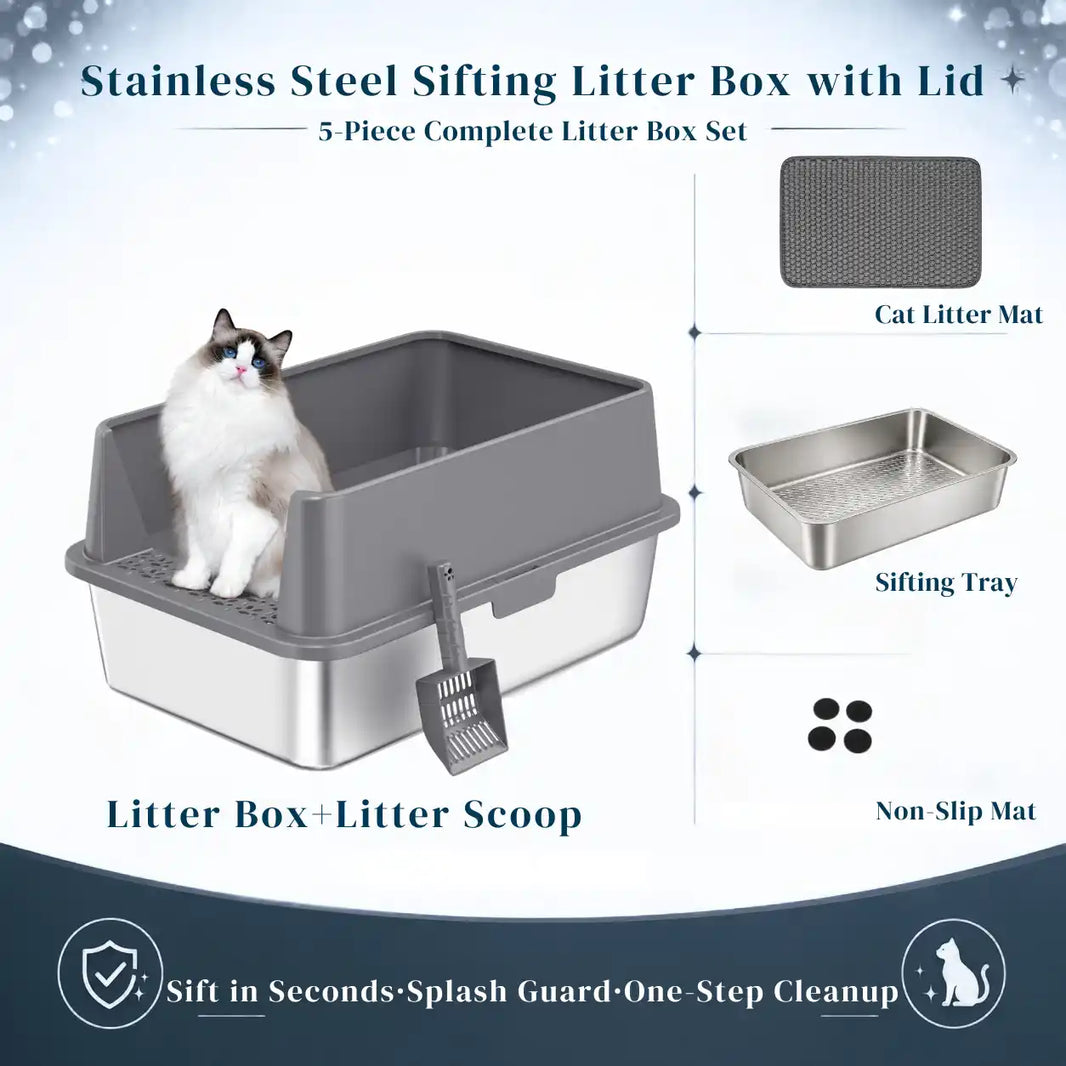 XXL Stainless Steel Sifting Litter Box with 2-Pan System, High Sides, Scoop & Mat – 23.6" L × 15.7" W