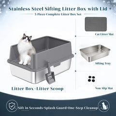 XXL Stainless Steel Sifting Litter Box with 2-Pan System, High Sides, Scoop & Mat – 23.6" L × 15.7" W