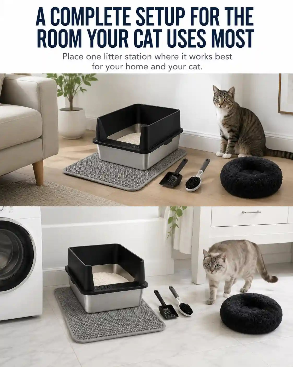 6 in 1 STAINLESS STEEL BUNDLE XXL Stainless Steel Cat Litter Box with High Sides and Low Entry