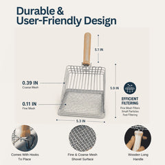 2-in-1 Stainless Steel Cat Litter Scoop - Wooden/Metal Handle, Efficient Cleaning