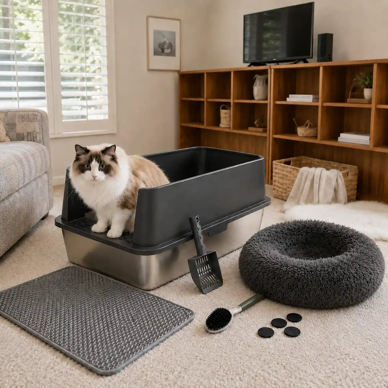 6-Piece XXL Stainless Steel Cat Litter Box & Comfort Bundle with 20" Plush Bed, Litter Mat, Scoop & Cleaning Brush