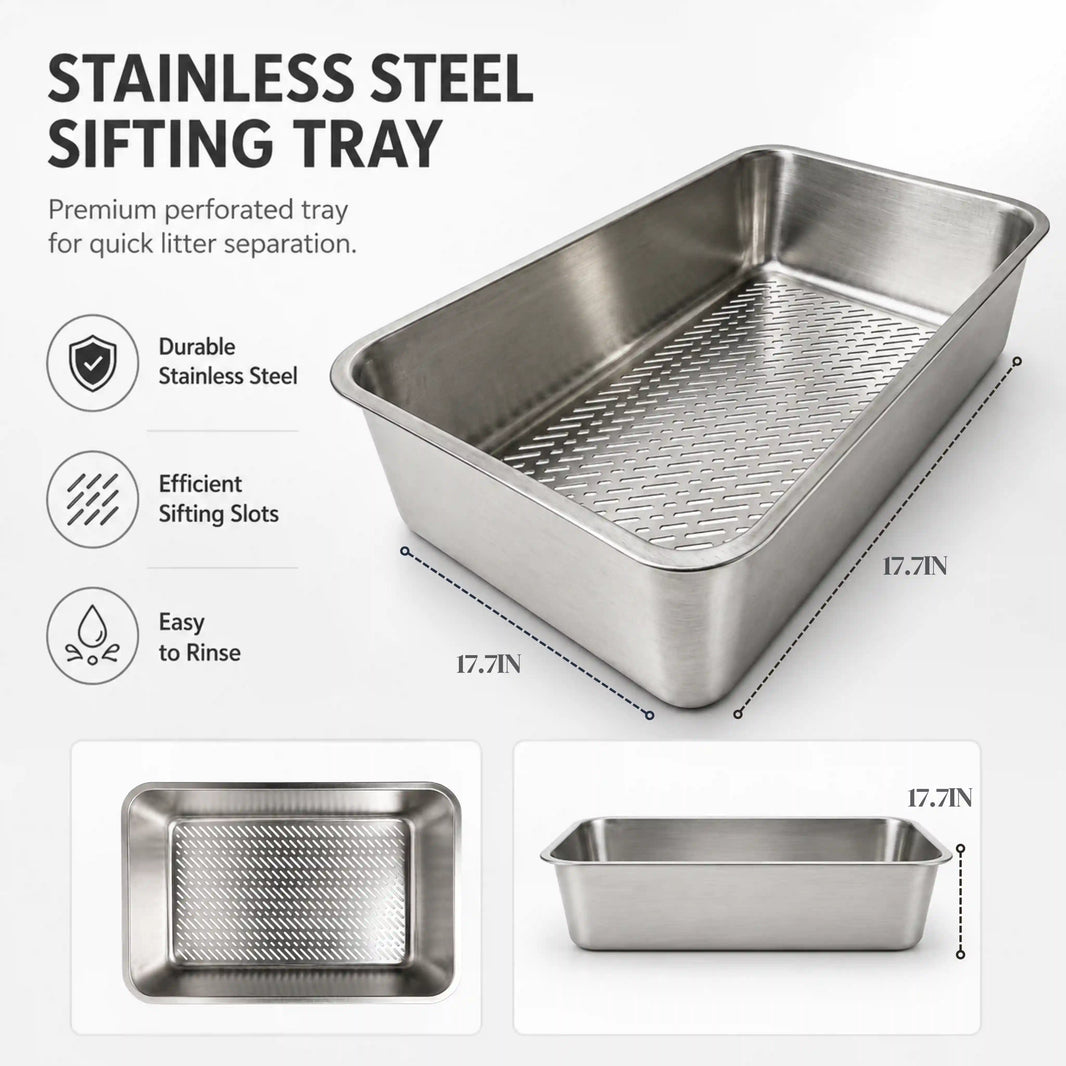 Durable stainless steel cat litter sifting tray with efficient perforated slots for quick litter separation and an easy-to-rinse surface