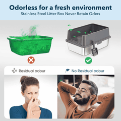 Stainless steel litter box with green waste, showing residual odor issue and solution.