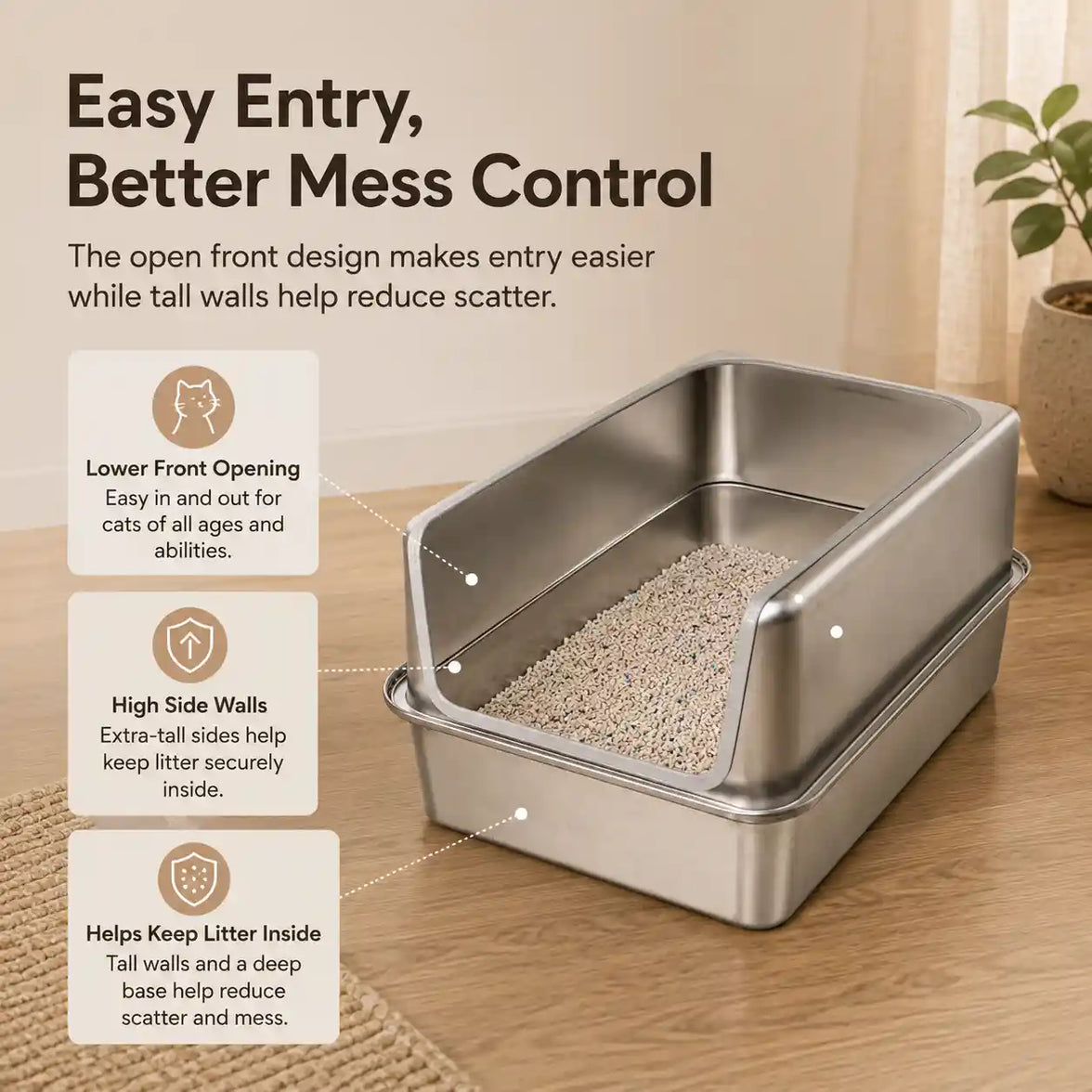 Stainless Steel High-Sided Cat Litter Box