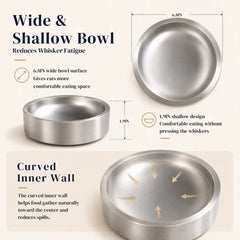 Wide and shallow stainless steel cat bowl with a curved inner wall designed to reduce whisker fatigue and guide food toward the center