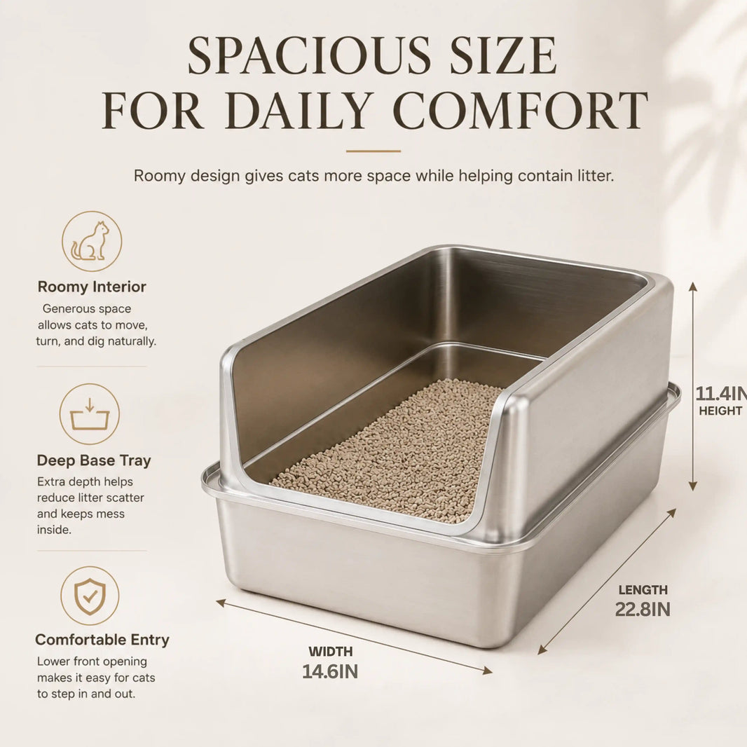 Spacious high-sided stainless steel cat litter box with a deep base, roomy interior, and low front entry for comfortable access and reduced litter scatter