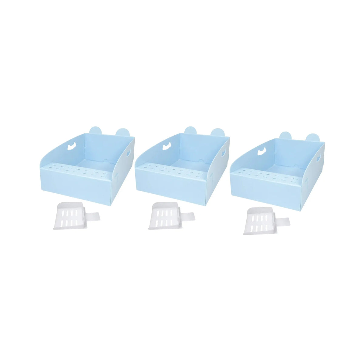 Three Blue Foldable Disposable Cat Litter Boxes With Matching Scoops