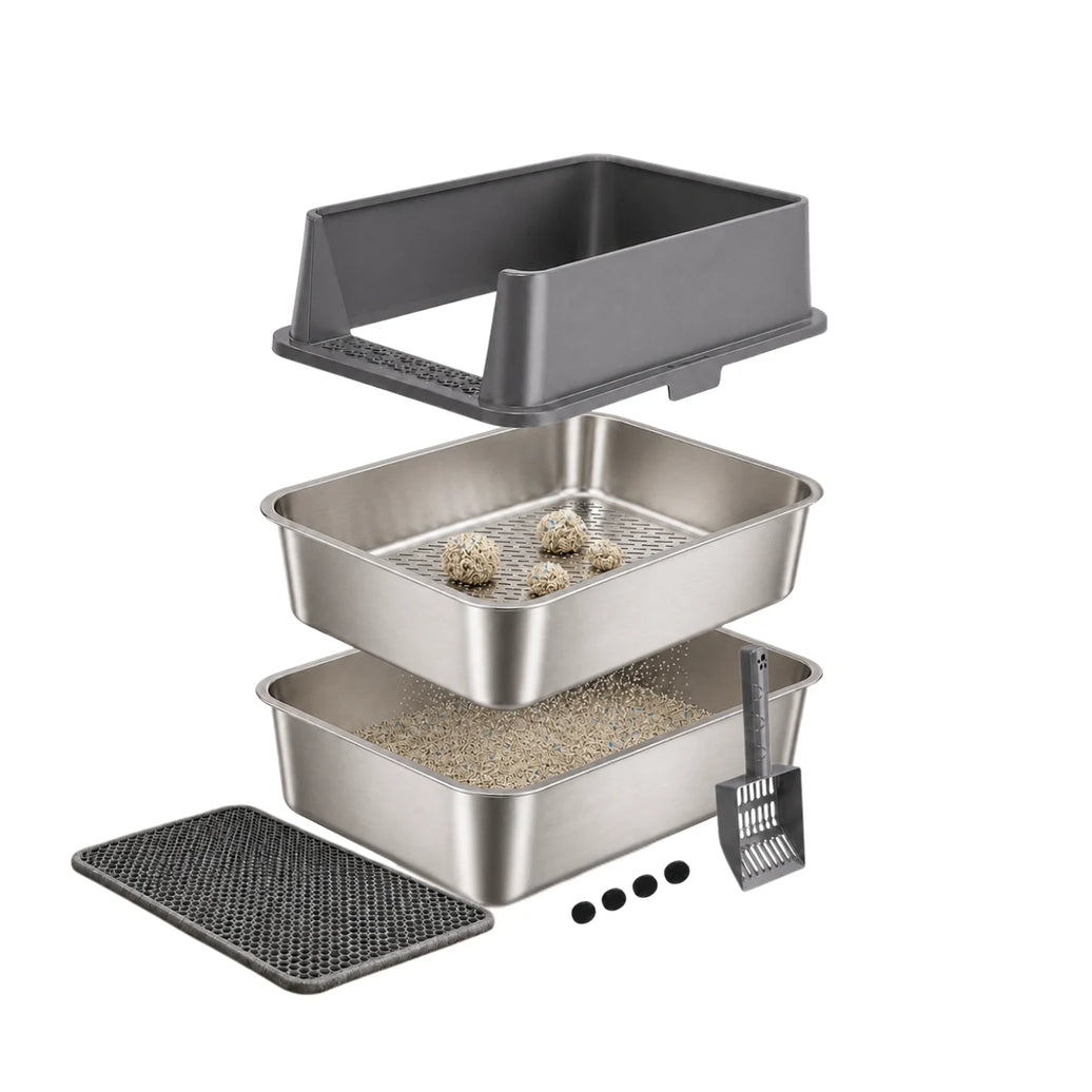 XXL high-sided stainless steel sifting cat litter box set separates clumps and includes a scoop, litter mat and non-slip pads