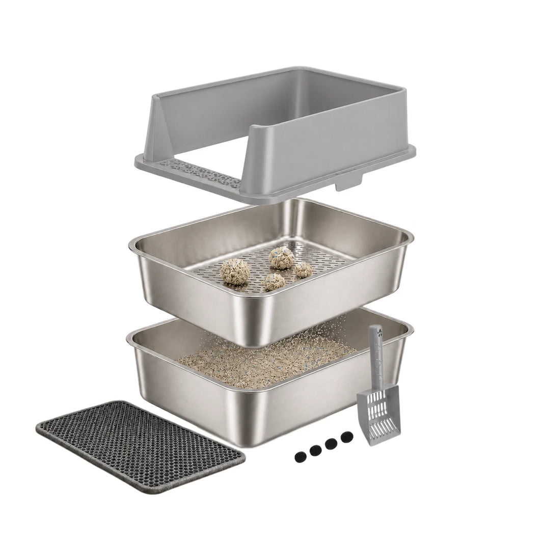 Exploded 5-piece XXL stainless steel cat litter box set with cover, sifter tray, scoop, litter mat and non-slip pads