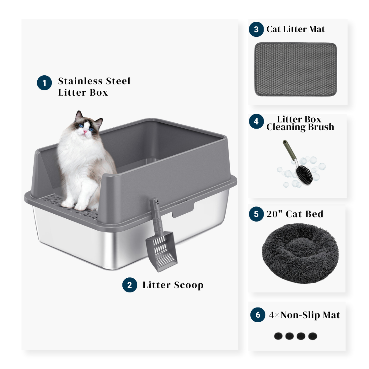 6-piece stainless steel cat litter box bundle with scoop, litter mat, cleaning brush, 20-inch cat bed and four non-slip pads