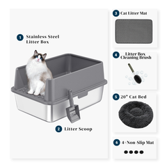 6-piece stainless steel cat litter box bundle with scoop, litter mat, cleaning brush, 20-inch cat bed and four non-slip pads
