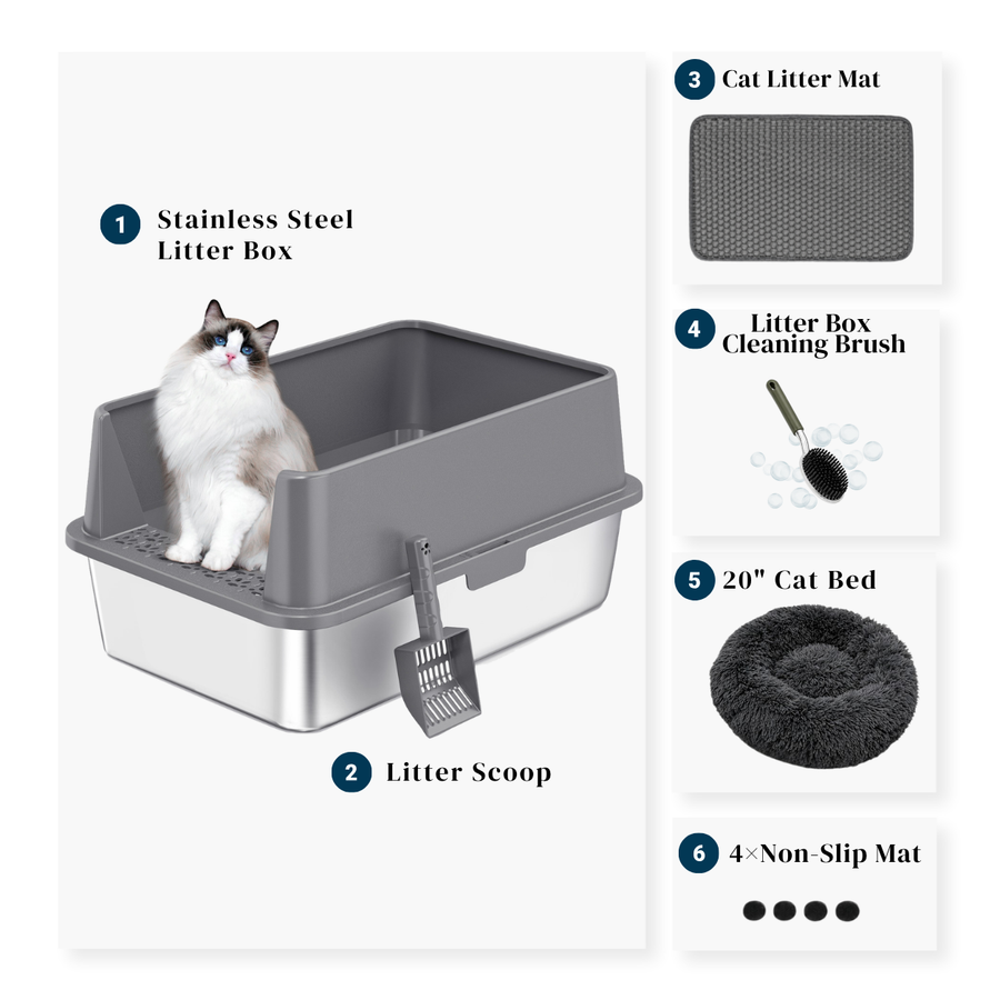4FurBaby six-piece stainless steel litter box bundle with cat bed, litter mat, scoop and cleaning brush