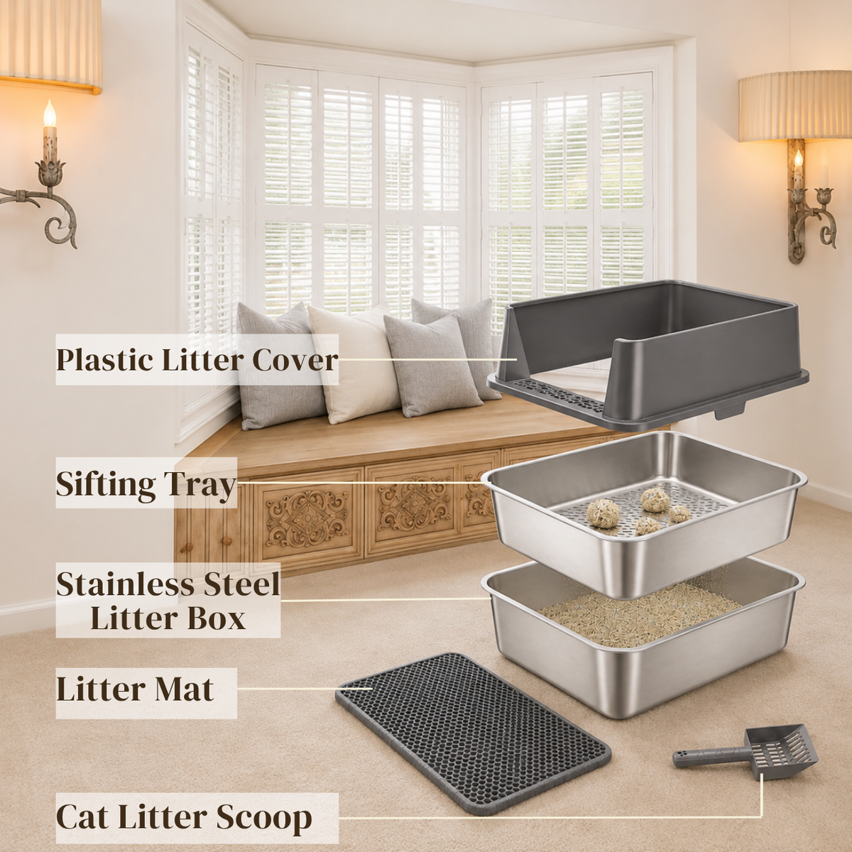 Exploded view of a high-sided stainless steel sifting litter box with base pan, sifting tray, scoop and litter mat