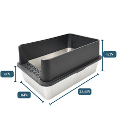 Extra-large high-sided stainless steel cat litter box for large cats with a low entry and anti-scatter enclosure, measuring 23.6 x 16 x 12 inches.