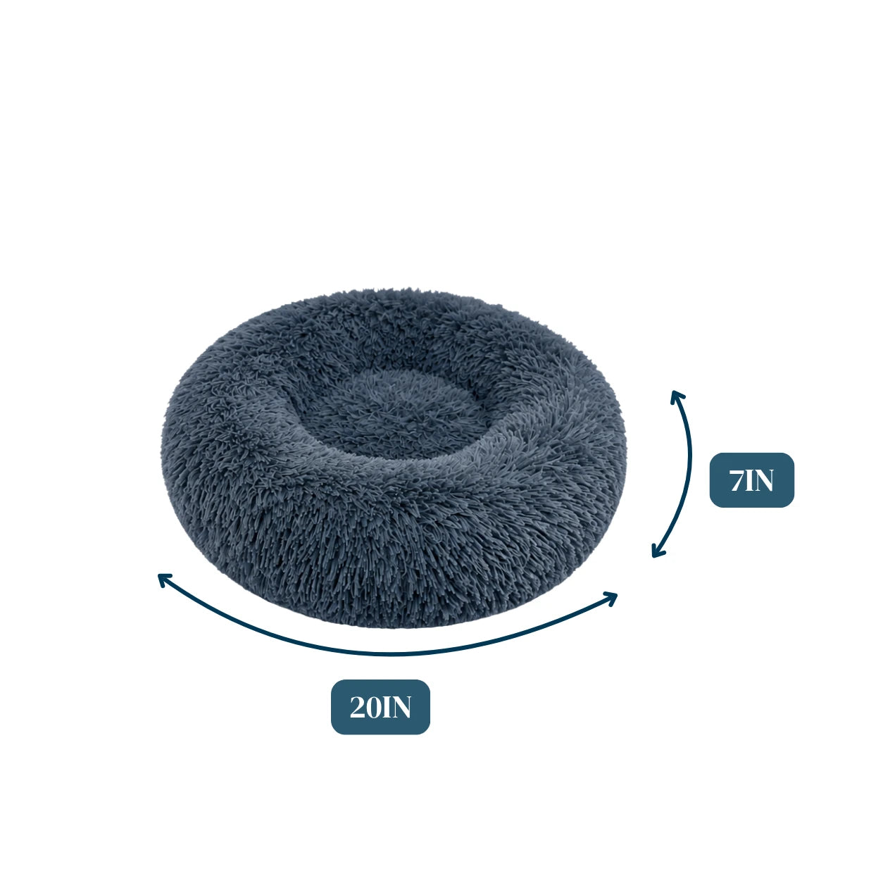 Dark gray fluffy donut cat bed with a raised rim, measuring 20 inches in diameter and 7 inches high.