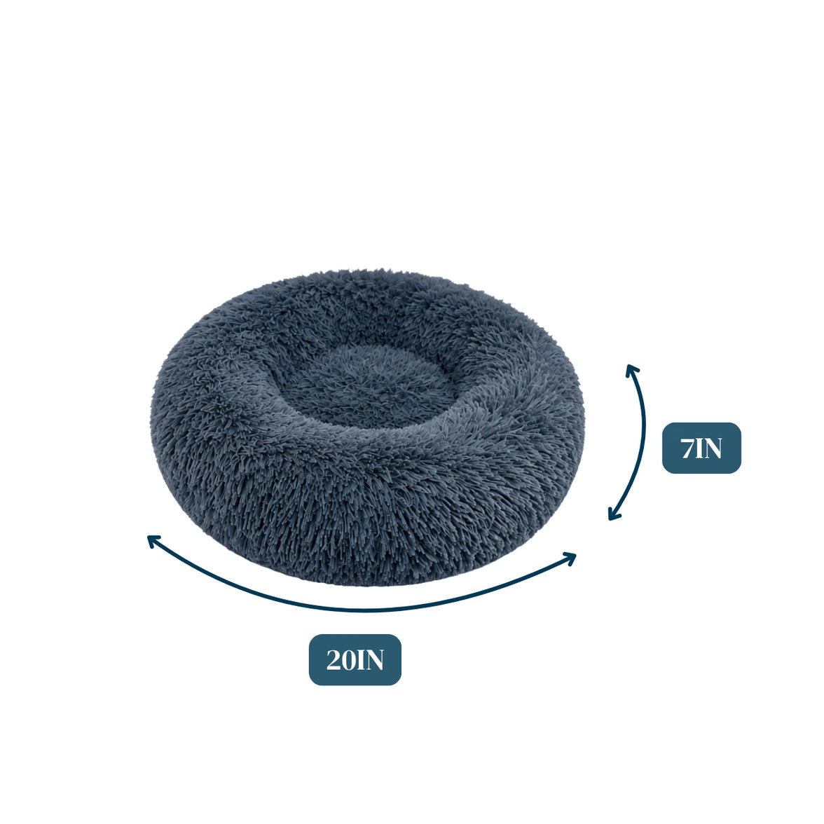 Dark gray fluffy donut cat bed with a raised rim, measuring 20 inches in diameter and 7 inches high.