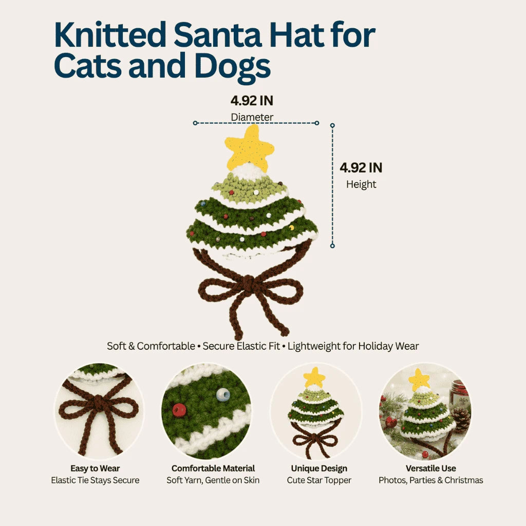 Handcrafted Crochet Christmas Tree Pet Hat for Cats & Small Dogs