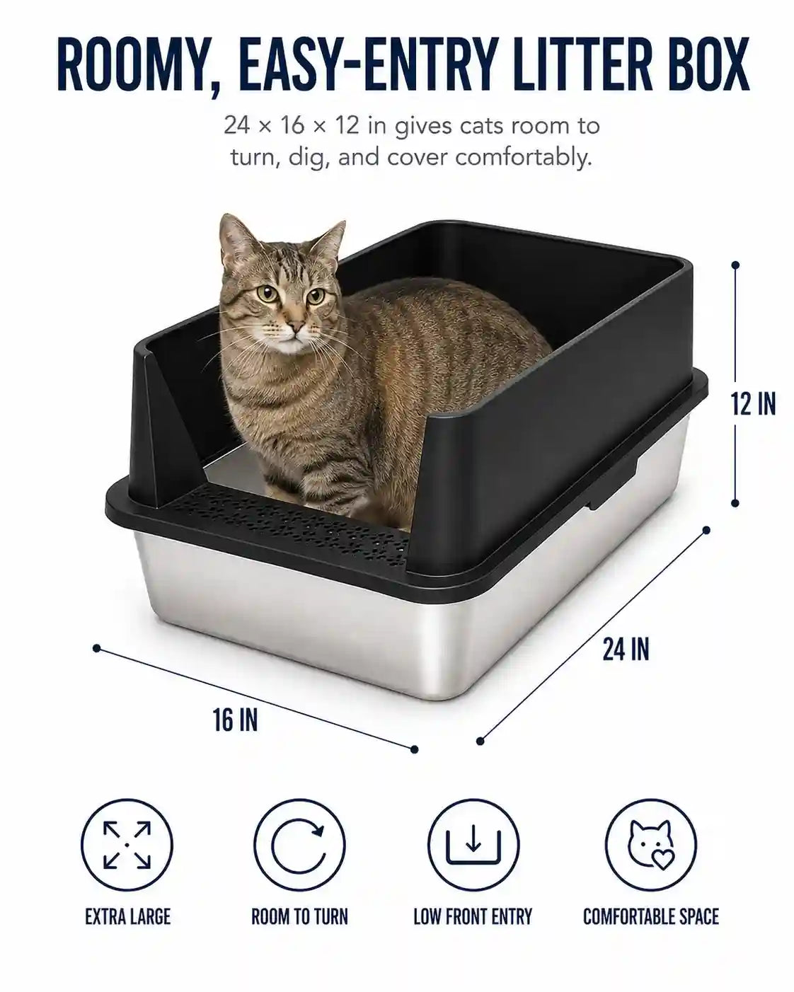 6 in 1 STAINLESS STEEL BUNDLE XXL Stainless Steel Cat Litter Box with High Sides and Low Entry