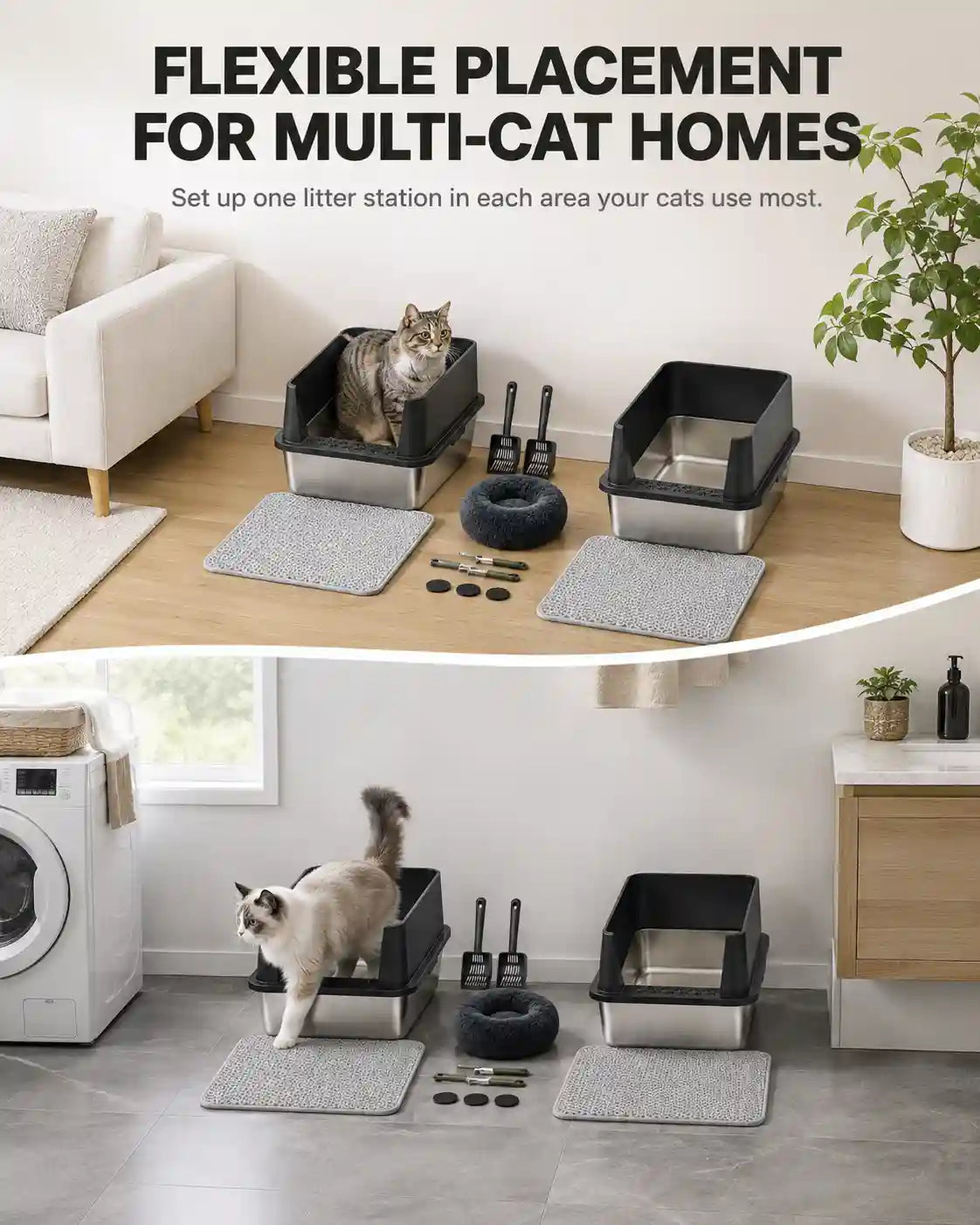 6 in 1 STAINLESS STEEL BUNDLE XXL Stainless Steel Cat Litter Box with High Sides and Low Entry