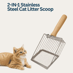 2-in-1 Stainless Steel Cat Litter Scoop - Wooden/Metal Handle, Efficient Cleaning