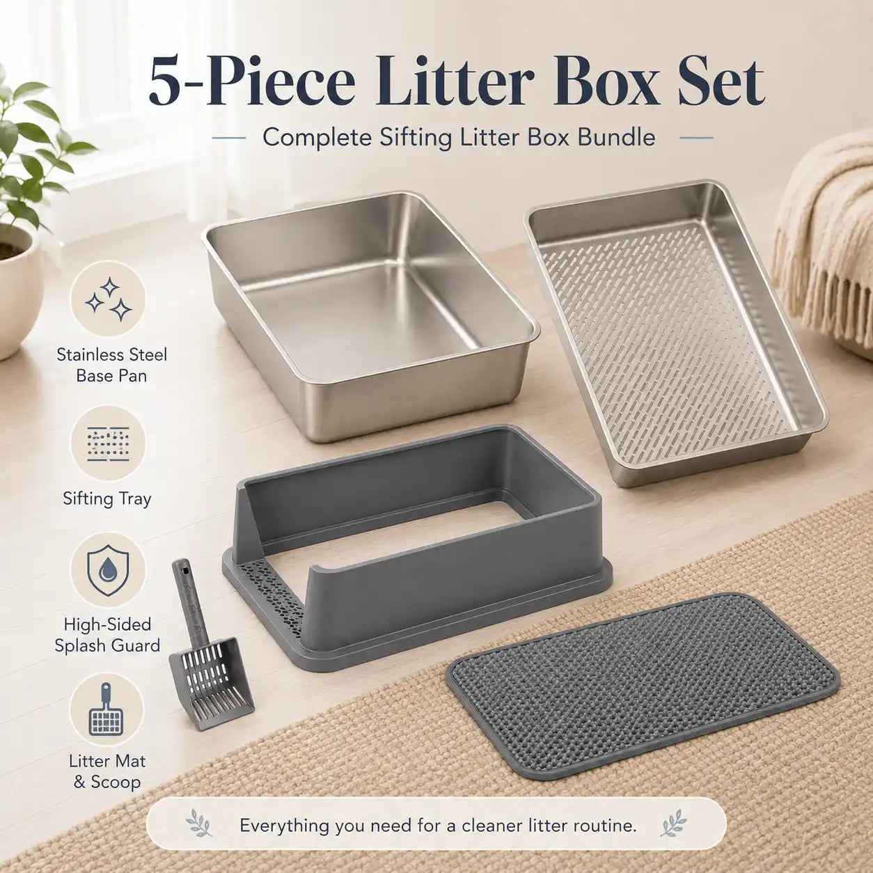 XXL Stainless Steel Sifting Litter Box with 2-Pan System, High Sides, Scoop & Mat – 23.6" L × 15.7" W