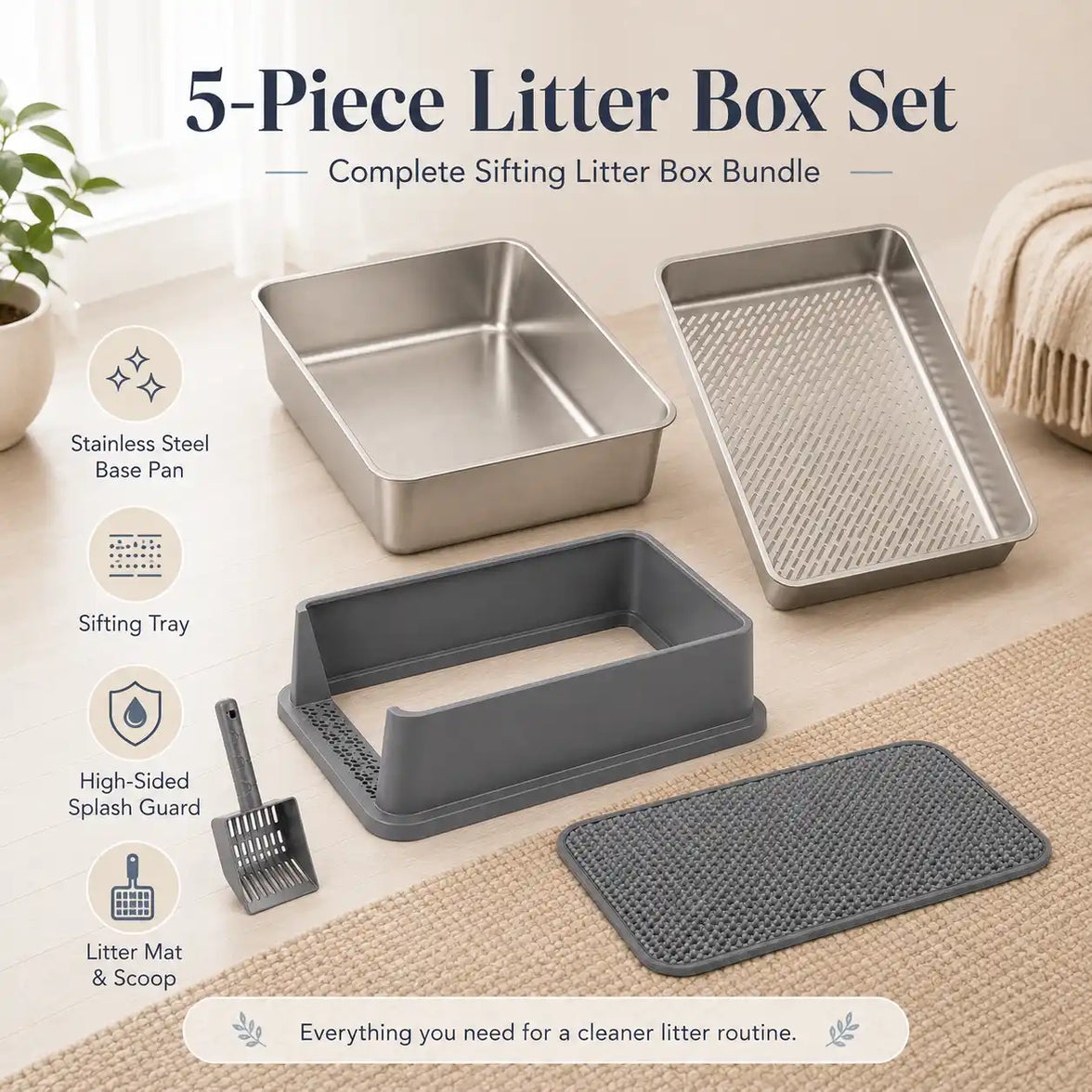 XXL Stainless Steel Sifting Litter Box with 2-Pan System, High Sides, Scoop & Mat – 23.6" L × 15.7" W