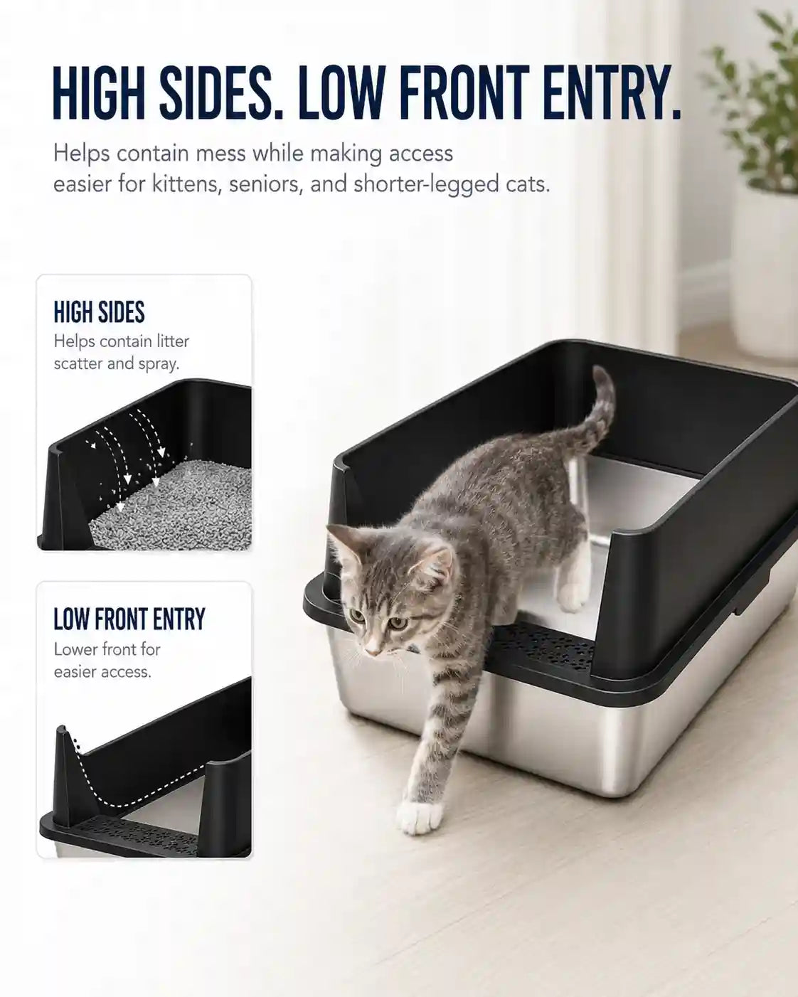 6 in 1 STAINLESS STEEL BUNDLE XXL Stainless Steel Cat Litter Box with High Sides and Low Entry