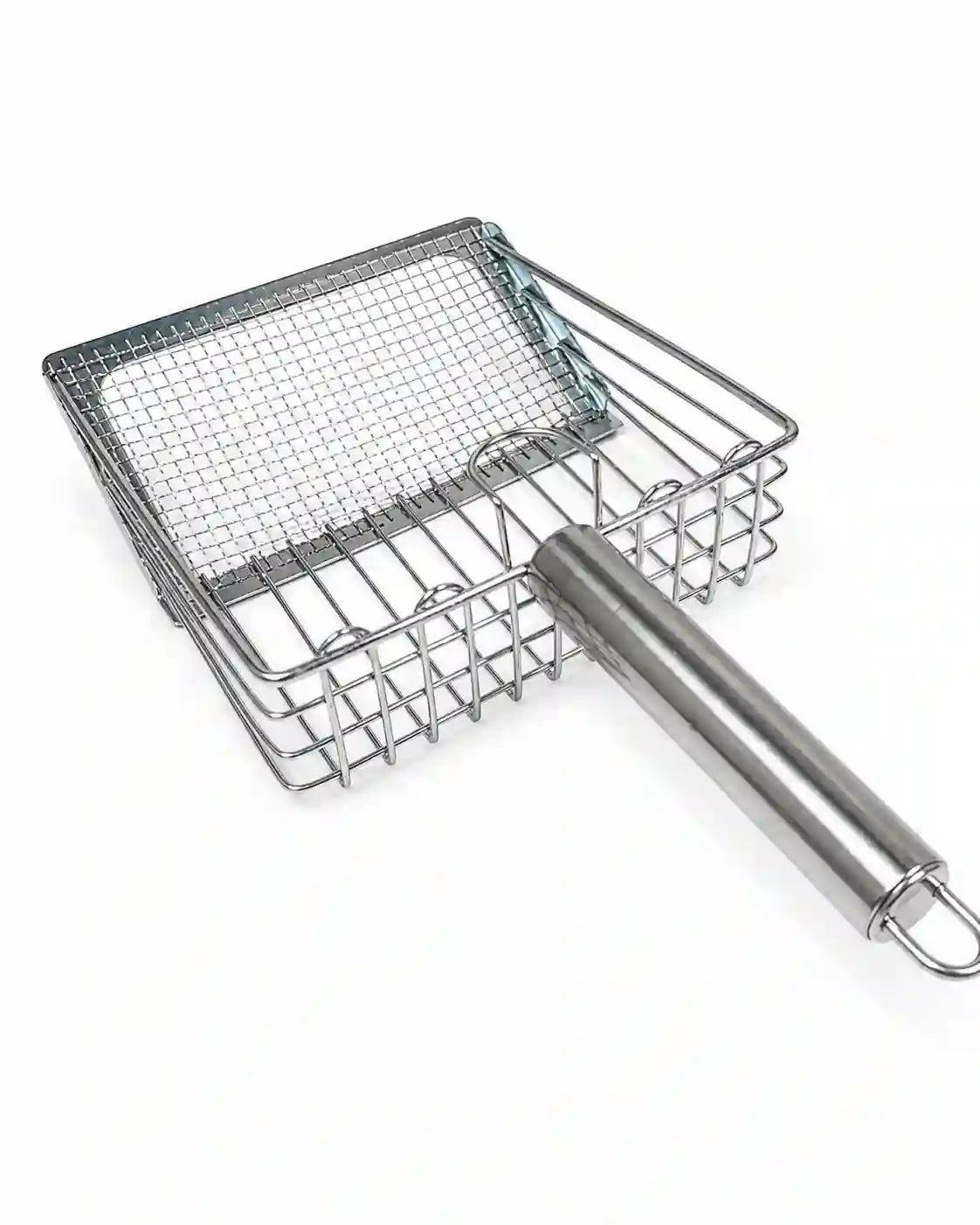 Heavy-duty stainless steel mesh cat litter scoop with a deep rectangular basket, metal handle, and hanging loop