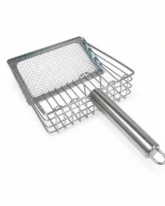 Heavy-duty stainless steel mesh cat litter scoop with a deep rectangular basket, metal handle, and hanging loop