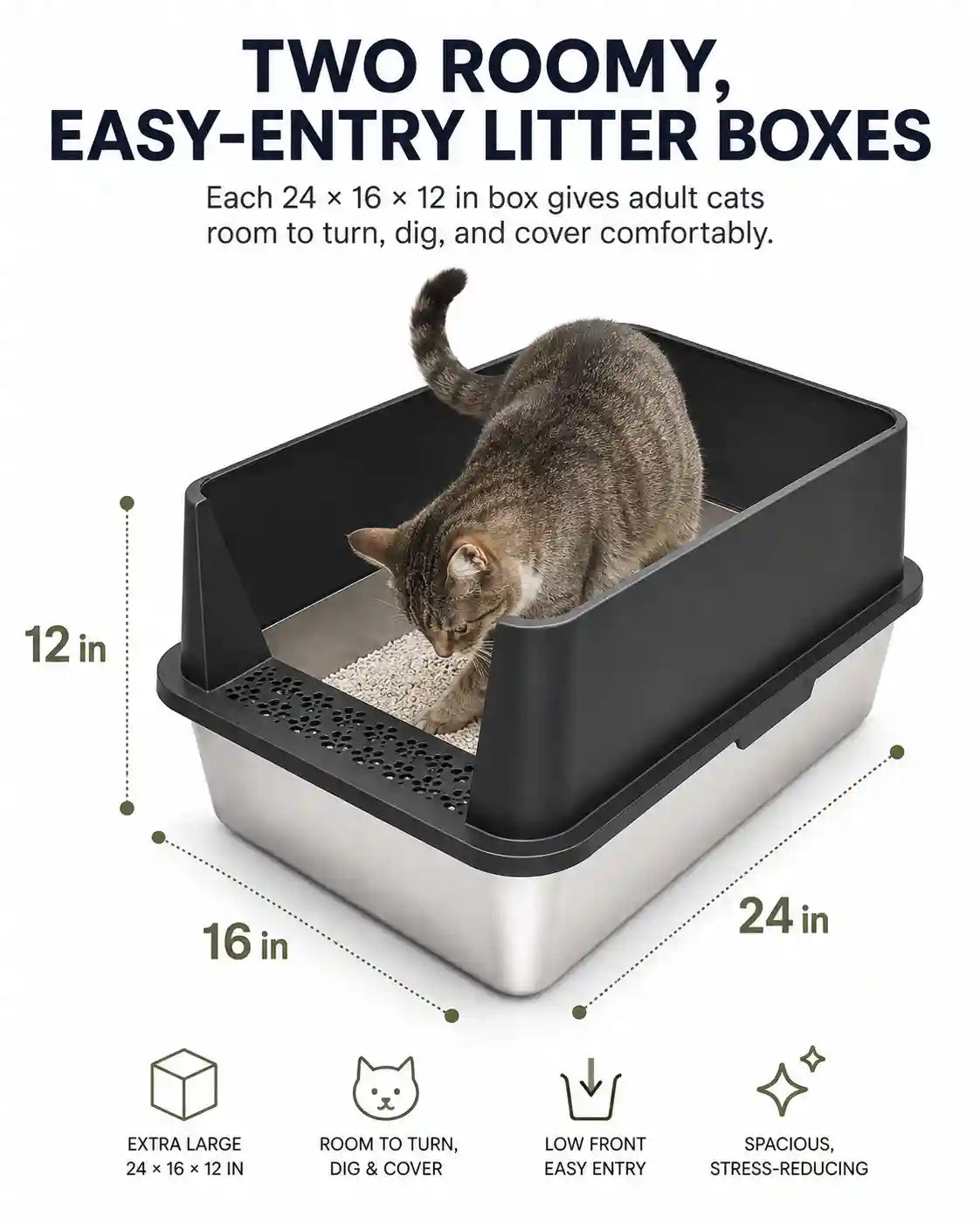 6 in 1 STAINLESS STEEL BUNDLE XXL Stainless Steel Cat Litter Box with High Sides and Low Entry