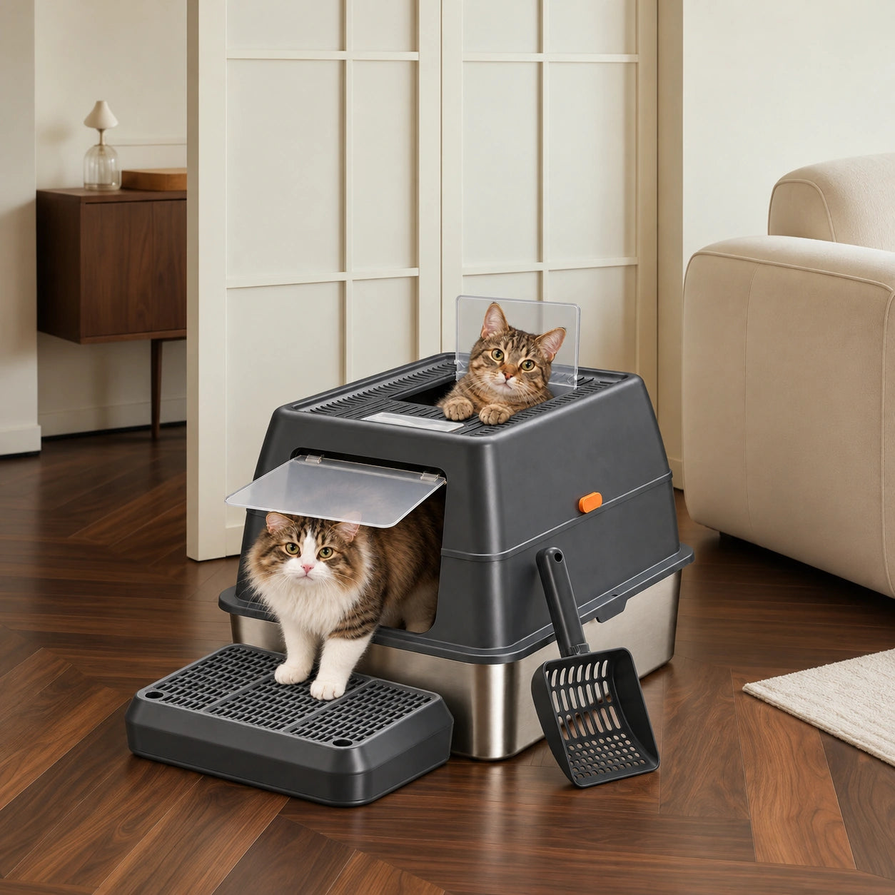 XXXL Stainless Steel Cat Litter Box with Lid – Dual Entry, 28" L × 20" W × 18" H