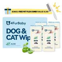 4FurBaby dog and cat wipes with a free pet flea comb on a white background