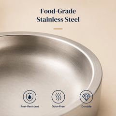 Close-up of a durable food-grade stainless steel pet bowl with a rust-resistant and odor-free surface