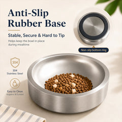 304 stainless steel pet food bowl with an anti-slip rubber base that stays stable and resists tipping during mealtime
